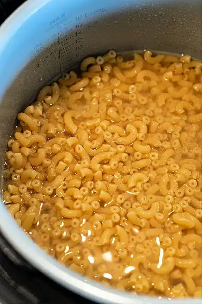 A pot filled with elbow macaroni pasta sits in water up to the 18-cup mark, perfect for making a delicious batch of Ninja Foodi butter noodles, indicating the pasta is being cooked or soaked.