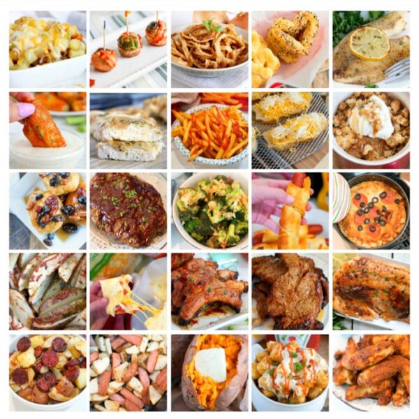 A grid of 25 images showcasing a variety of dishes, including easy air fryer recipes alongside pasta, appetizers, desserts, and savory mains.