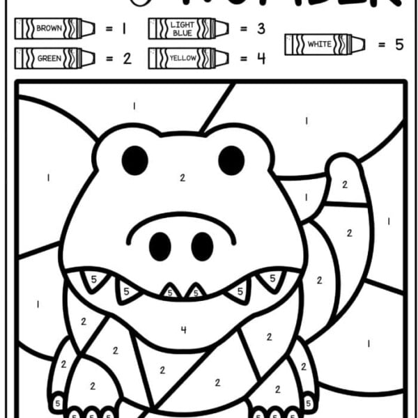 Explore a vibrant letter 'A' color-by-number worksheet featuring a cartoon crocodile. The sections are numbered to guide your coloring: brown (1), green (2), light blue (3), yellow (4), and white (5). Unleash your creativity as you bring this delightful character to life!