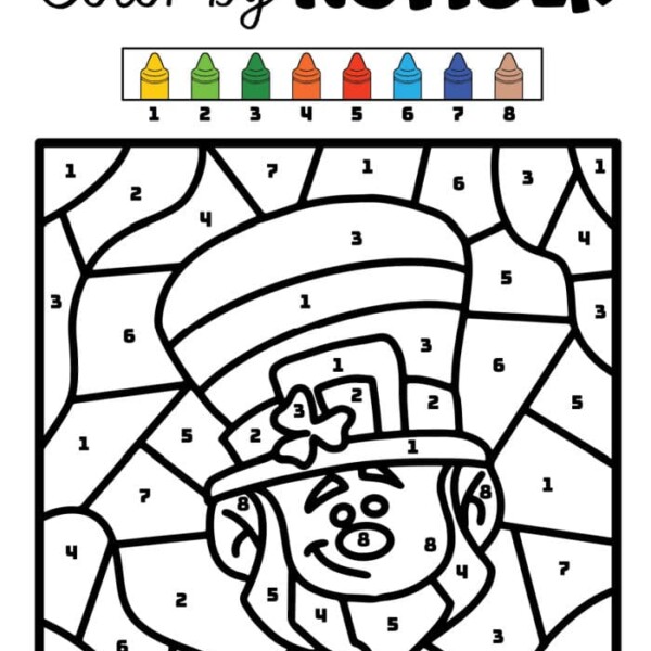 St. Patrick's Day color by number image of a cartoon leprechaun face, complete with numbered sections and a color key featuring eight vibrant hues and crayon illustrations.