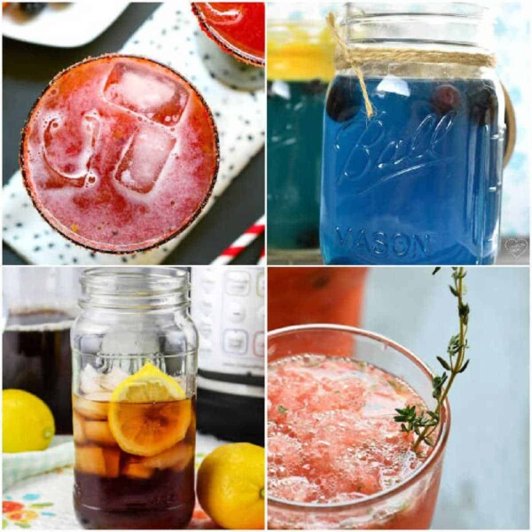 A collage of four delightful baby shower drinks in glass jars: the top left showcases a red drink with a salted rim, the top right features a blue concoction topped with blueberries, the bottom left presents tea with lemon slices, and the bottom right highlights a pink drink adorned with thyme.