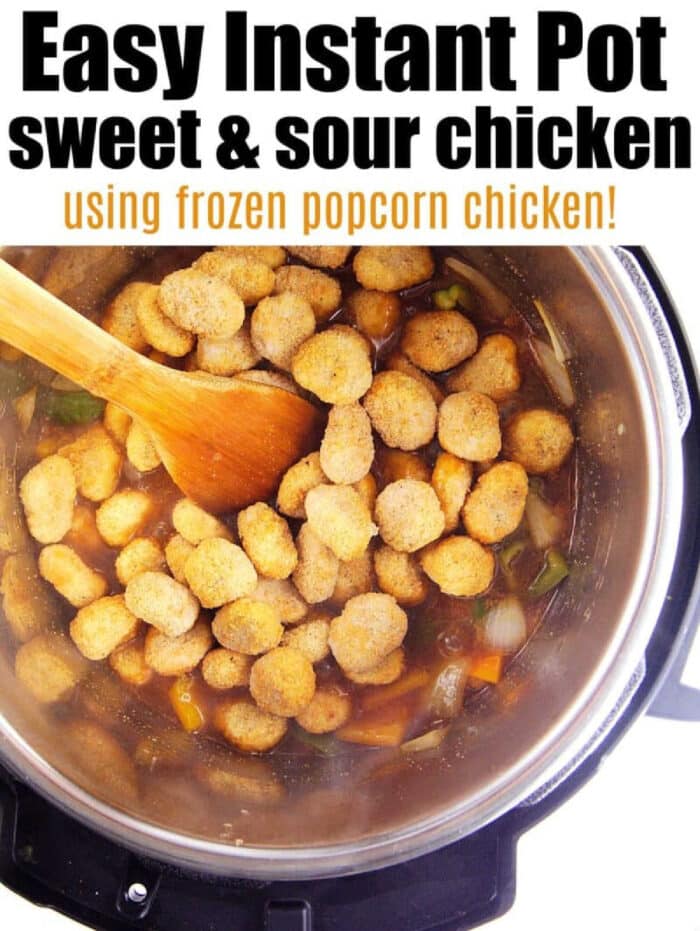 Frozen popcorn chicken in sauce with vegetables being stirred in an Instant Pot with a wooden spoon&mdash;perfect for making instant pot sweet and sour chicken.