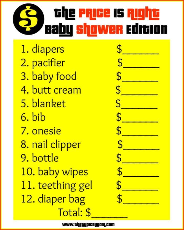 free Baby Shower Price is Right Game