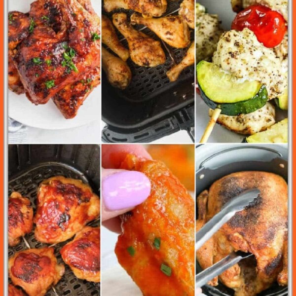 A collage of six images showcases various chicken dishes: barbecue chicken, air fried drumsticks, grilled skewers with vegetables, and air fried thighs prepared with Ninja Foodi chicken recipes. Also featured is a hand dipping a wing in sauce and a cooked whole chicken in an air fryer basket.