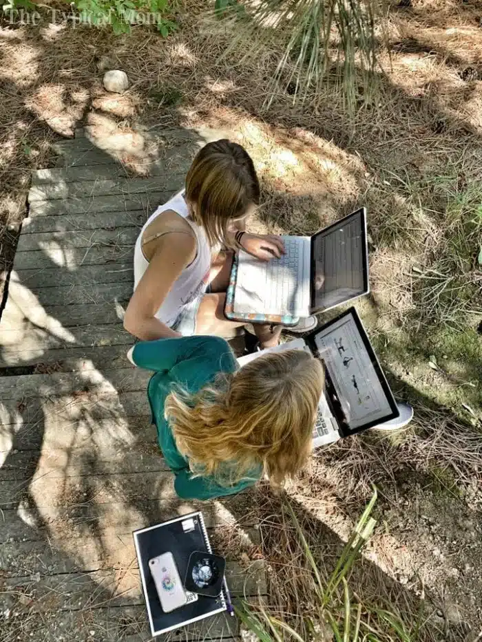 Two people sit outdoors on a wooden pathway surrounded by foliage, utilizing laptops for free homeschool programs. The person on the left sports a white top, while the person on the right wears green. A smartphone rests on the ground nearby.