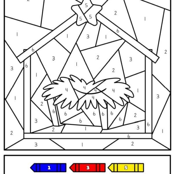 Discover the magic of nativity coloring pages with this color-by-number illustration. Featuring a star-topped stable and a straw-filled manger, the scene invites you to bring it to life using crayons in blue, red, yellow, green, and brown. The numbers and outlines are thoughtfully designed in black.