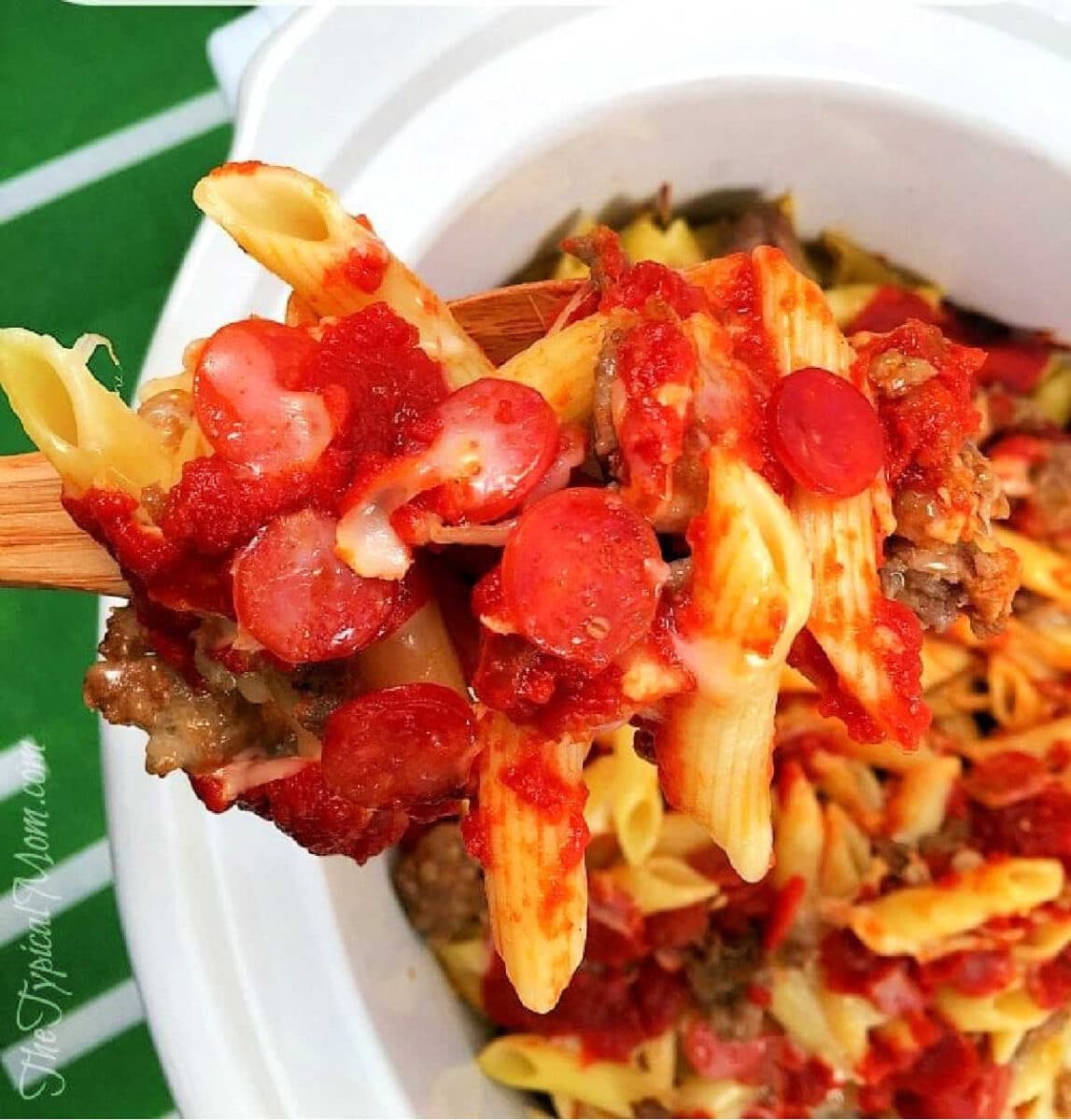 Easy Slow Cooker Pizza Casserole with Jar Sauce and Pepperoni