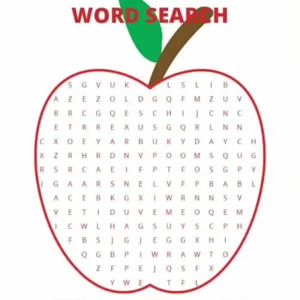 An engaging back to school word search fashioned in the shape of an apple. Dive into this puzzle where you'll hunt for words like Learning, Desk, Supplies, Teacher, Library, and more. The words are cleverly hidden within the apple grid, perfect for ringing in the new school year!