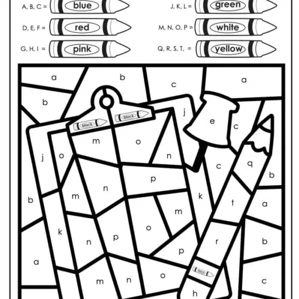 A black and white coloring page labeled Color by Number Preschool features a clipboard and pencil with sections marked by letters. The color key includes: A-C blue, D-F red, G-I pink, J-L green, M-O white, P-R yellow. Perfect for little hands eager to explore colors!