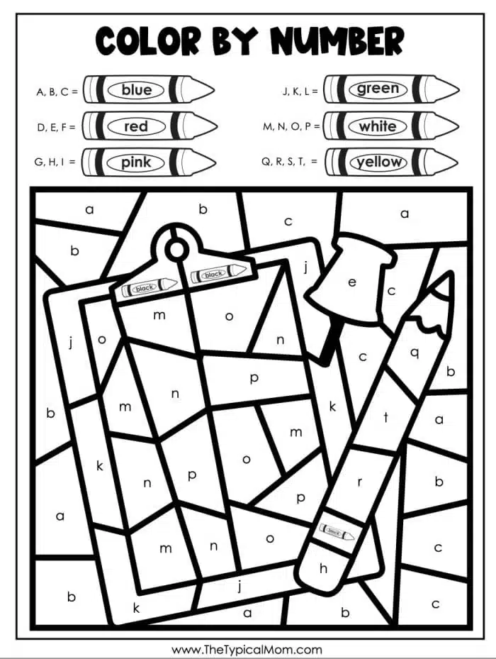 A black and white coloring page labeled Color by Number Preschool features a clipboard and pencil with sections marked by letters. The color key includes: A-C blue, D-F red, G-I pink, J-L green, M-O white, P-R yellow. Perfect for little hands eager to explore colors!