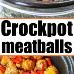 Two images of slow cooker BBQ meatballs with peppers and pineapple, featuring the text Crockpot meatballs in the center.