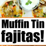 Mini steak fajita cups in tortilla shells with melted cheese, ground beef, and veggies, served with sour cream in a muffin tin.