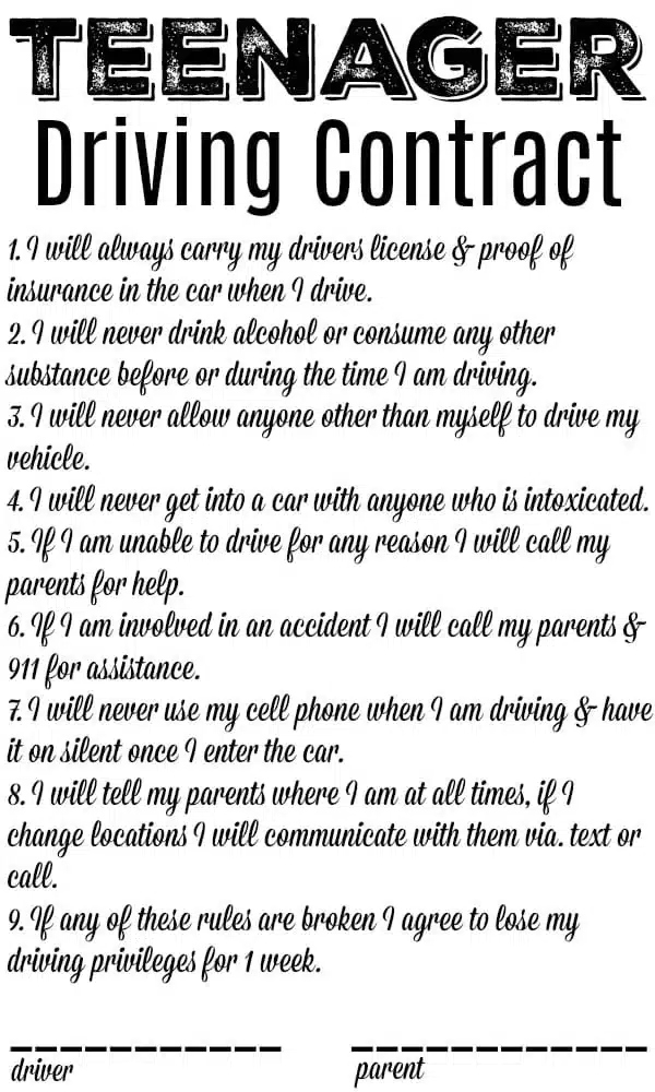 The teen driving contract outlines essential rules, such as carrying a driver's license, avoiding cellphone use, not letting others drive the car, and contacting parents after incidents. Spaces are provided for signatures from both the driver and parent.