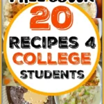 Collage of various dishes with text overlay: FREE eBook - Cookbook for College Students. The images include soups, stews, and desserts. The text is in bold, colorful fonts, centered in the middle of the image.