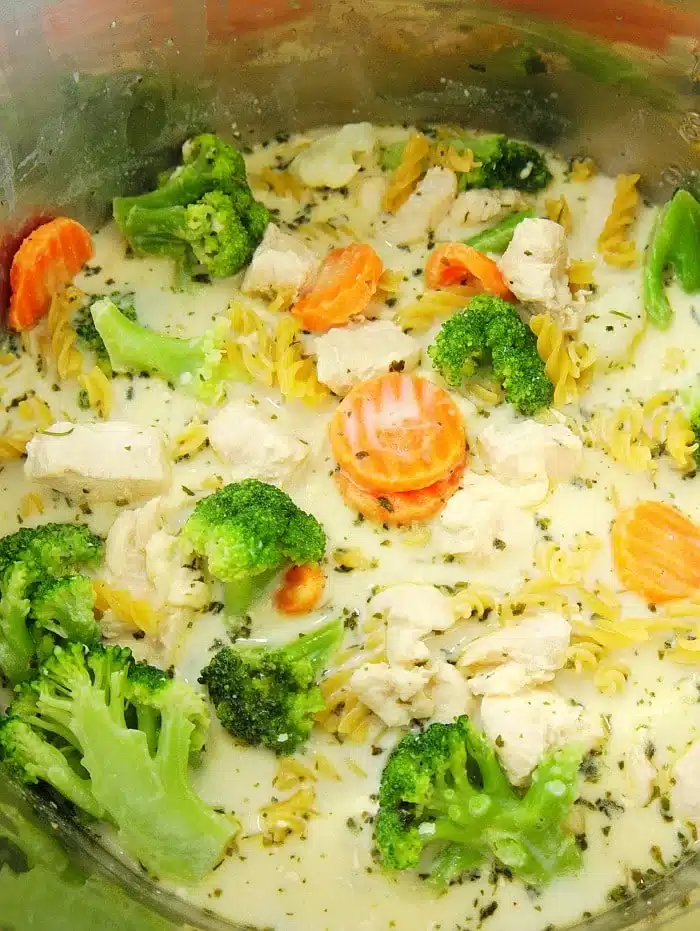 An Instant Pot chicken pasta delight featuring spiraled noodles, broccoli florets, and sliced carrots tossed in a creamy sauce with herbs.