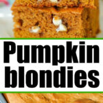Two pumpkin blondie bars stacked on top of each other above a full pan of freshly baked pumpkin blondies.