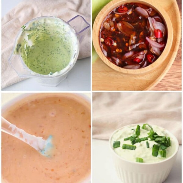 Quad image showcasing four inviting sauces, perfect as a dip for sausage balls: Top left features a green herb sauce in a transparent container. Top right boasts chili sauce with sliced red chilies and onions in a wooden bowl. Bottom left is a light orange sauce being stirred, and the bottom right presents a creamy sauce garnished with chopped green onions.