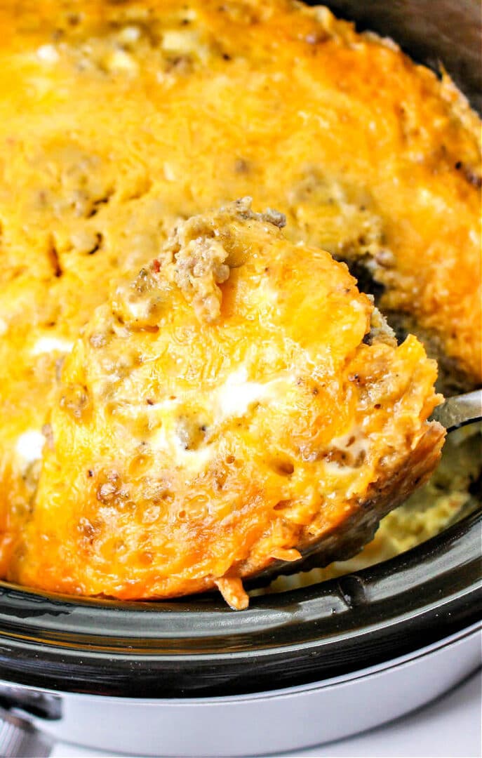 Crockpot Scrambled Eggs with Sausage Omelette for a Crowd