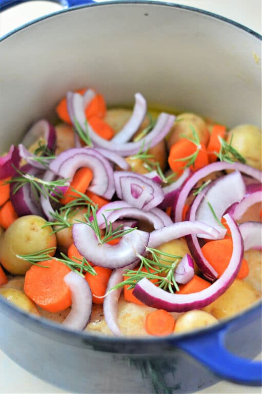 Dutch Oven Chicken Breast with Potatoes and Carrots Vegetables