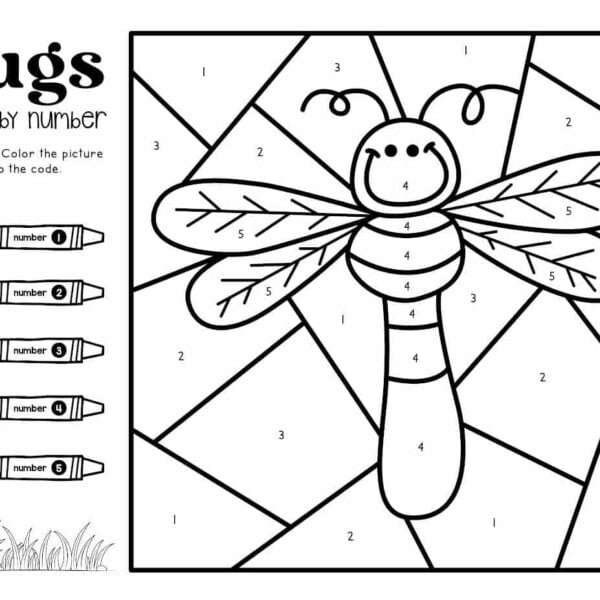 Discover the joy of art with our insect coloring pages featuring a color by number image of a happy bee. Fill in numbered sections using vibrant hues like red, blue, yellow, and green. Perfect for bringing to life the charming world of insects through creative fun!