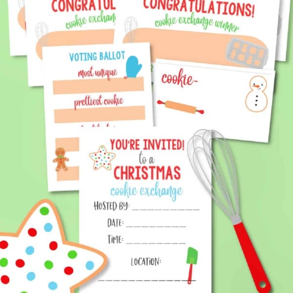 Join us for a delightful Christmas Cookie Exchange! Our festive invitations and voting cards, paired with charming baking tools, set the stage on a vibrant green background.