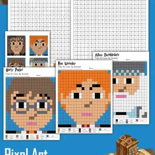 Harry Potter Pixel Art color-by-number sheets depict characters like a young wizard, a red-haired boy, and an elderly man with glasses and a long beard. The grids feature numbers alongside color charts. Text reads Pixel Art Harry Potter Color By Number.