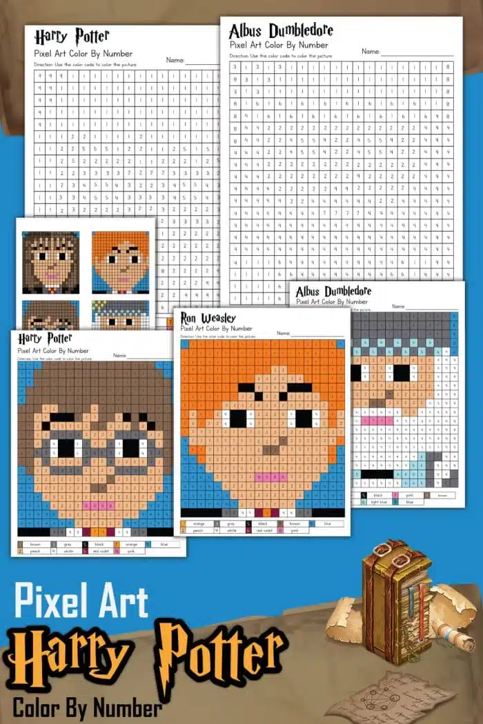 Harry Potter Pixel Art color-by-number sheets depict characters like a young wizard, a red-haired boy, and an elderly man with glasses and a long beard. The grids feature numbers alongside color charts. Text reads Pixel Art Harry Potter Color By Number.