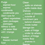 Image of a Refrigerator Clean Out Checklist. The list is divided into Purge (e.g., expired food, wilted vegetables) and Clean (e.g., spills on shelves, inside of drawers). This handy checklist is presented on a vibrant green background.