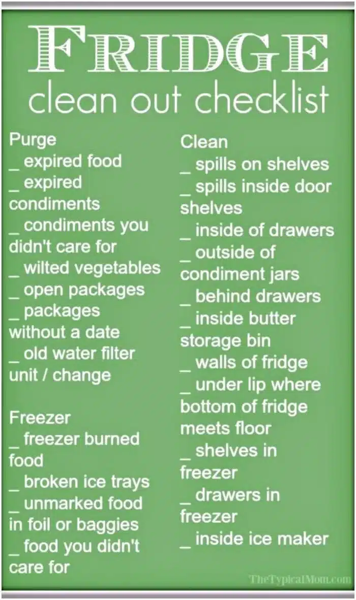 Image of a Refrigerator Clean Out Checklist. The list is divided into Purge (e.g., expired food, wilted vegetables) and Clean (e.g., spills on shelves, inside of drawers). This handy checklist is presented on a vibrant green background.