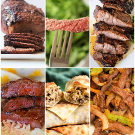 A collage of various beef dishes, including sliced steak, instant pot steak recipes with beef pieces on rice, stuffed wraps, and stir-fry.