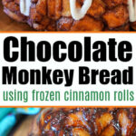 A close-up image showcases a delectable chocolate monkey bread crafted from Rhodes frozen cinnamon rolls. The warm, gooey bread is lavishly topped with a drizzle of white icing. Text overlay reads, "Chocolate Monkey Bread using frozen cinnamon rolls.