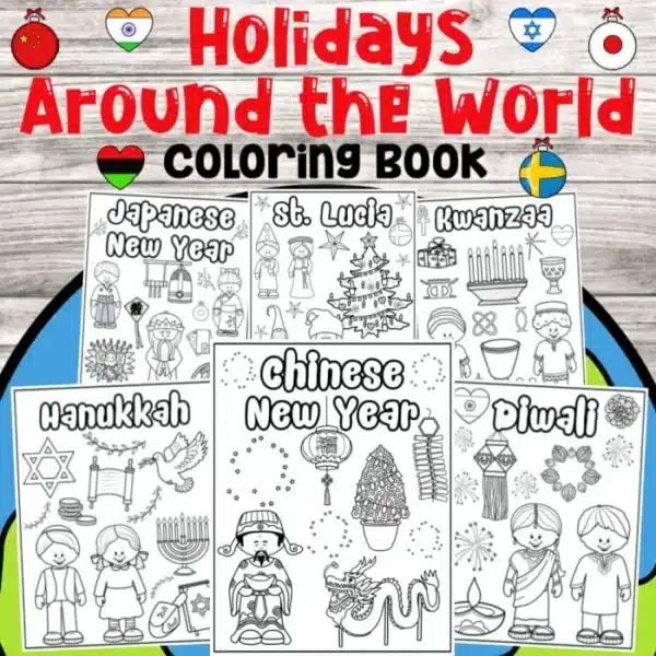 Introducing "Holidays Around the World," a captivating coloring book cover with holiday coloring pages. Dive into diverse celebrations from Japanese New Year to Diwali, with each page showcasing thematic illustrations that beautifully capture the spirit of these global festivities.