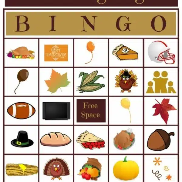 A Thanksgiving-themed bingo card, titled "Thanksgiving Bingo," features festive images for each square. Symbols such as a turkey, pie, football helmet, family, corn, and pumpkin adorn the card. There's also a free space in the center to enhance your gameplay experience.