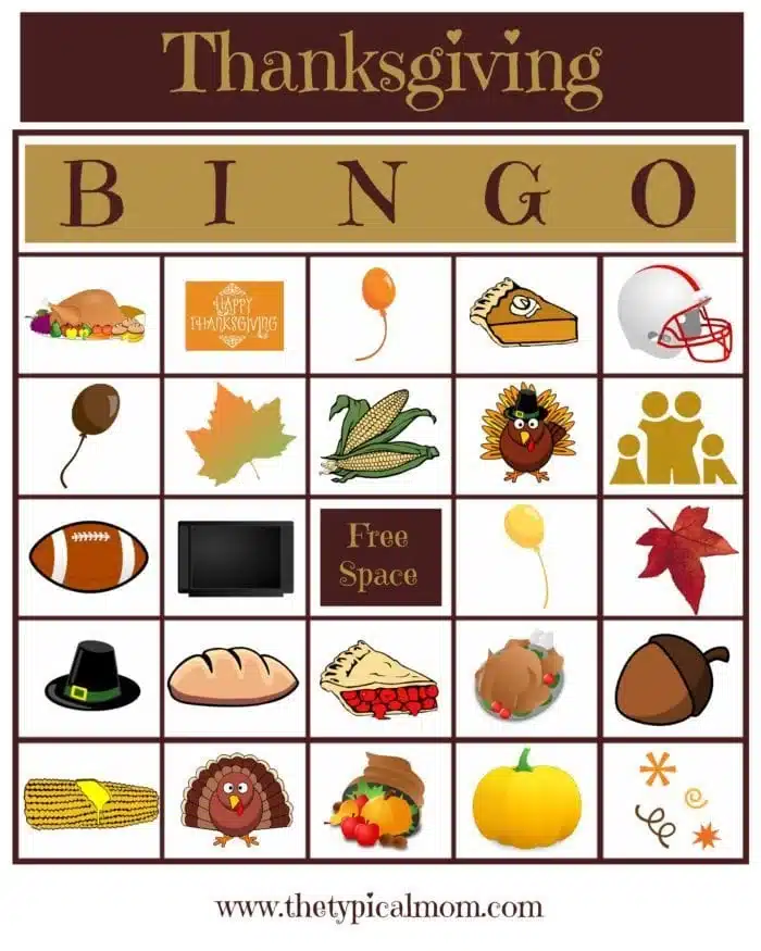 A Thanksgiving-themed bingo card, titled "Thanksgiving Bingo," features festive images for each square. Symbols such as a turkey, pie, football helmet, family, corn, and pumpkin adorn the card. There's also a free space in the center to enhance your gameplay experience.