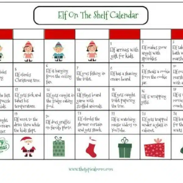 The Elf on the Shelf calendar features a daily activity chart adorned with charming illustrations of elves and Christmas delights. Activities include baking, crafting gifts, playful games, and Santa preparations. Each date, from 1 to 24, unveils a new festive adventure with your elf companion.