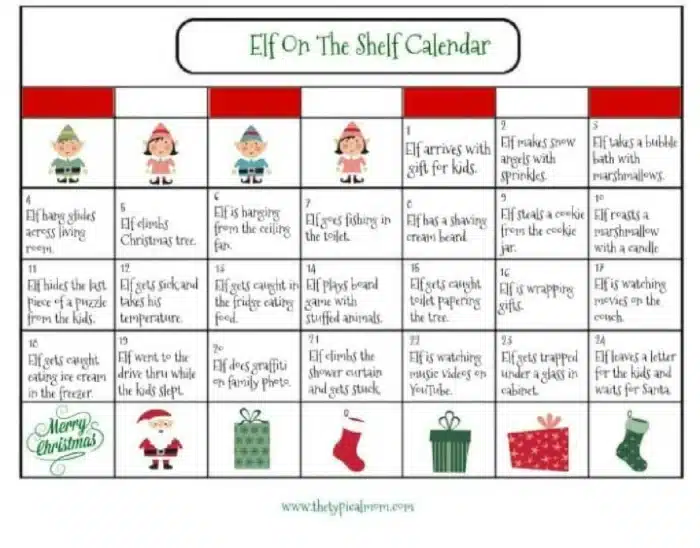 The Elf on the Shelf calendar features a daily activity chart adorned with charming illustrations of elves and Christmas delights. Activities include baking, crafting gifts, playful games, and Santa preparations. Each date, from 1 to 24, unveils a new festive adventure with your elf companion.