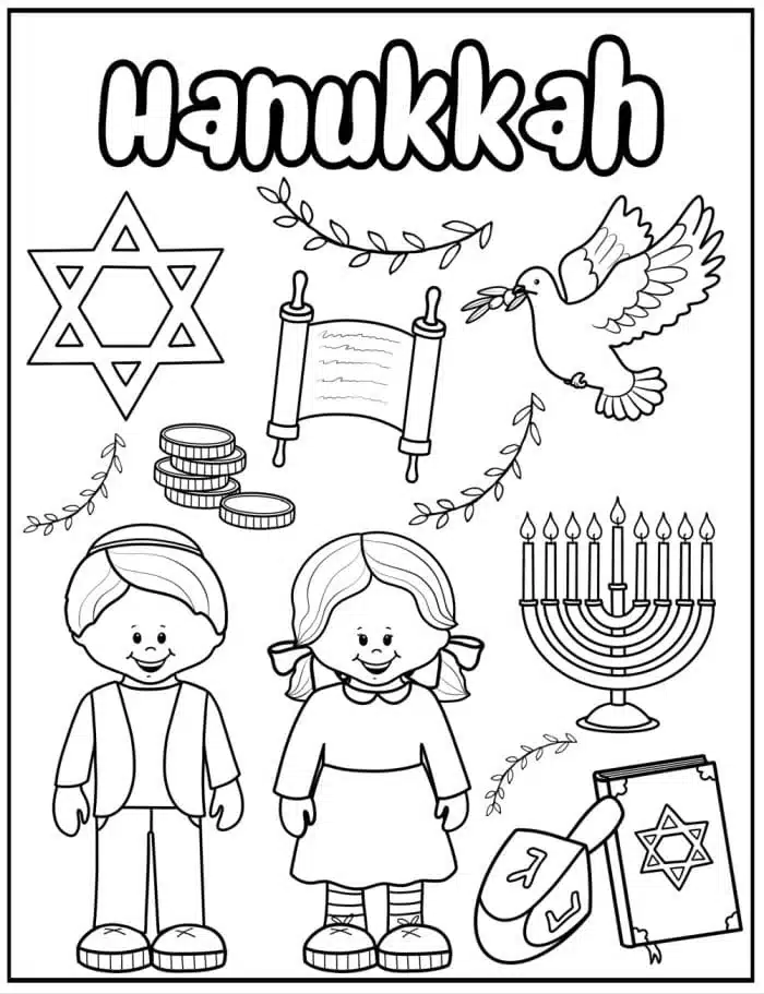 Holiday coloring page with Hanukkah-themed illustrations. Features a Star of David, coins, Torah scroll, dove with olive branch, menorah, dreidel, gift, and two smiling children wearing traditional clothing. The word "Hanukkah" is at the top.