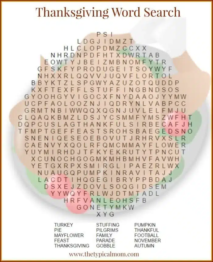 Thanksgiving-themed word search puzzle with words like turkey, pie, stuffing, and thankful. The background features a blurred image of a Thanksgiving dinner plate, adding a festive touch to this fun scavenger hunt for seasonal words.