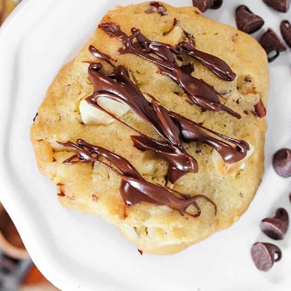 A chocolate-drizzled cookie with hazelnuts on a white plate, surrounded by chocolate chips, creates a delightful scene of Chocolate Hazelnut Cookies.