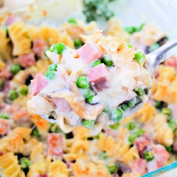 A spoonful of creamy pasta bake with turkey, peas, and cheese hovers above a glass baking dish, reminiscent of a delightful tetrazzini recipe.