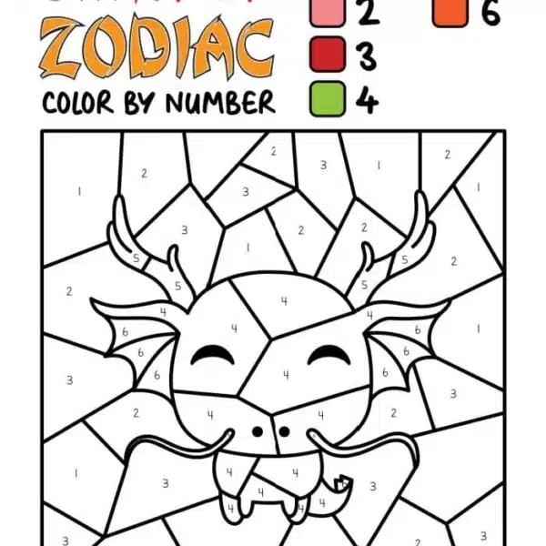 This Chinese New Year Coloring Page features a color-by-number image of a cartoon creature with antlers, labeled Chinese Zodiac. The background is segmented and numbered from 1 to 6, with a color key guiding you through shades of orange, red, yellow, and green.