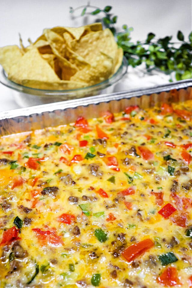 Baked Queso Dip with Meat in Oven with Ground Beef or Sausage