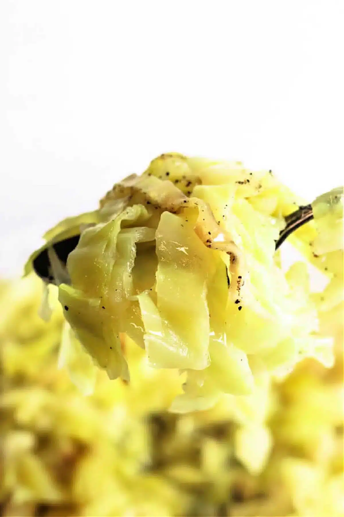 A fork holds a portion of slow cooker cabbage seasoned with black pepper. The light green cabbage appears soft and tender, with a focus on the fork and cabbage in the foreground against a blurred background.