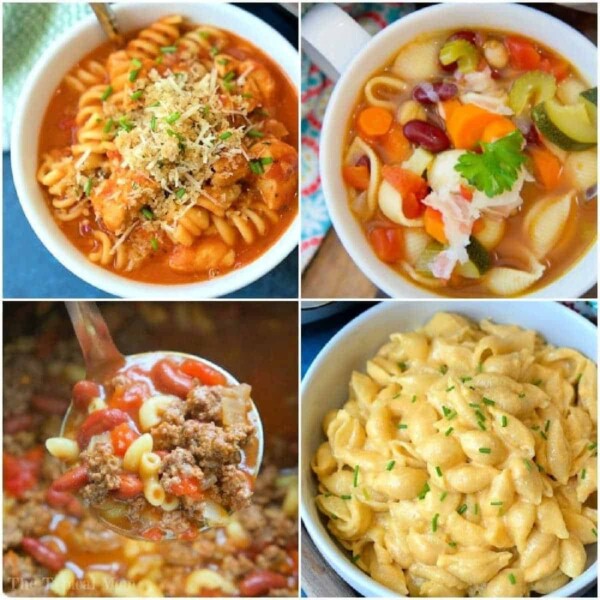 Four delicious instant pot pasta recipes: pasta with tomato sauce and cheese, vegetable soup with shell pasta, macaroni with beef and tomato, and creamy macaroni topped with chives.