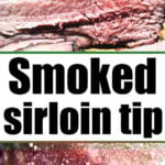 Close-up of Smoked Sirloin Tip Roast, sliced to reveal its juicy texture, with a meat thermometer inserted for perfect doneness.