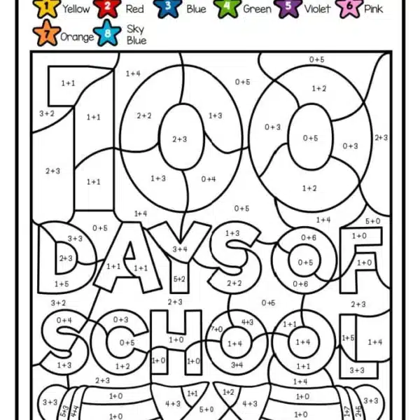 Explore our vibrant 100 Days of School Printables with a color-by-addition worksheet. This engaging activity transforms numbers into colors like yellow, red, and blue, corresponding to sums from 2 to 9, all woven into a festive design celebrating the milestone.