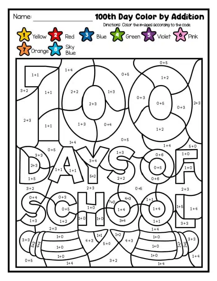 Explore our vibrant 100 Days of School Printables with a color-by-addition worksheet. This engaging activity transforms numbers into colors like yellow, red, and blue, corresponding to sums from 2 to 9, all woven into a festive design celebrating the milestone.