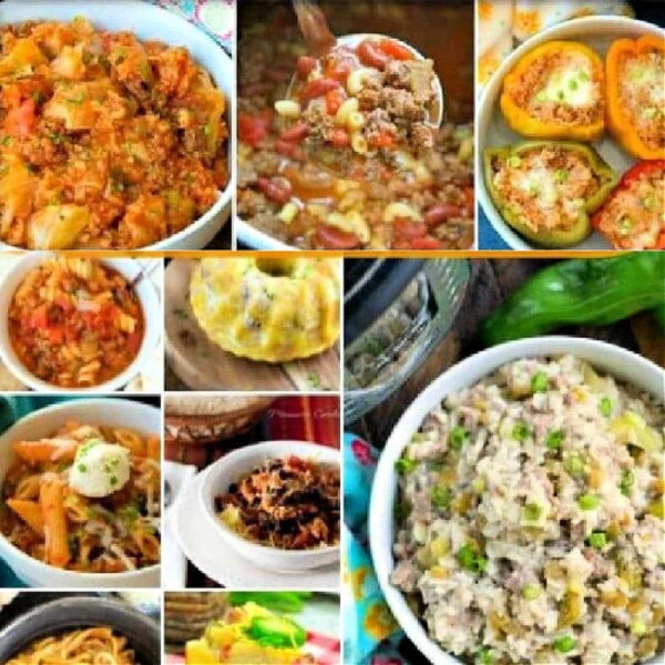 A delightful collage of various pasta and rice dishes, including stuffed peppers, soups, casseroles, and baked pasta awaits you. Discover the simplicity and flavor of few ingredient recipes as they transform each dish into a culinary masterpiece.