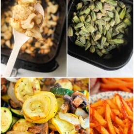 A collage of four images: top left shows cooked cauliflower on a spoon above an air fryer; top right displays uncooked okra nestled in the air fryer; bottom left reveals a medley including zucchini, squash, onions, and mushrooms; bottom right features seasoned fries alongside air fryer frozen vegetables.