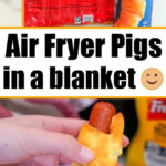 A hand holds air fryer pigs in a blanket, with crescent rolls and beef franks packages in the background.